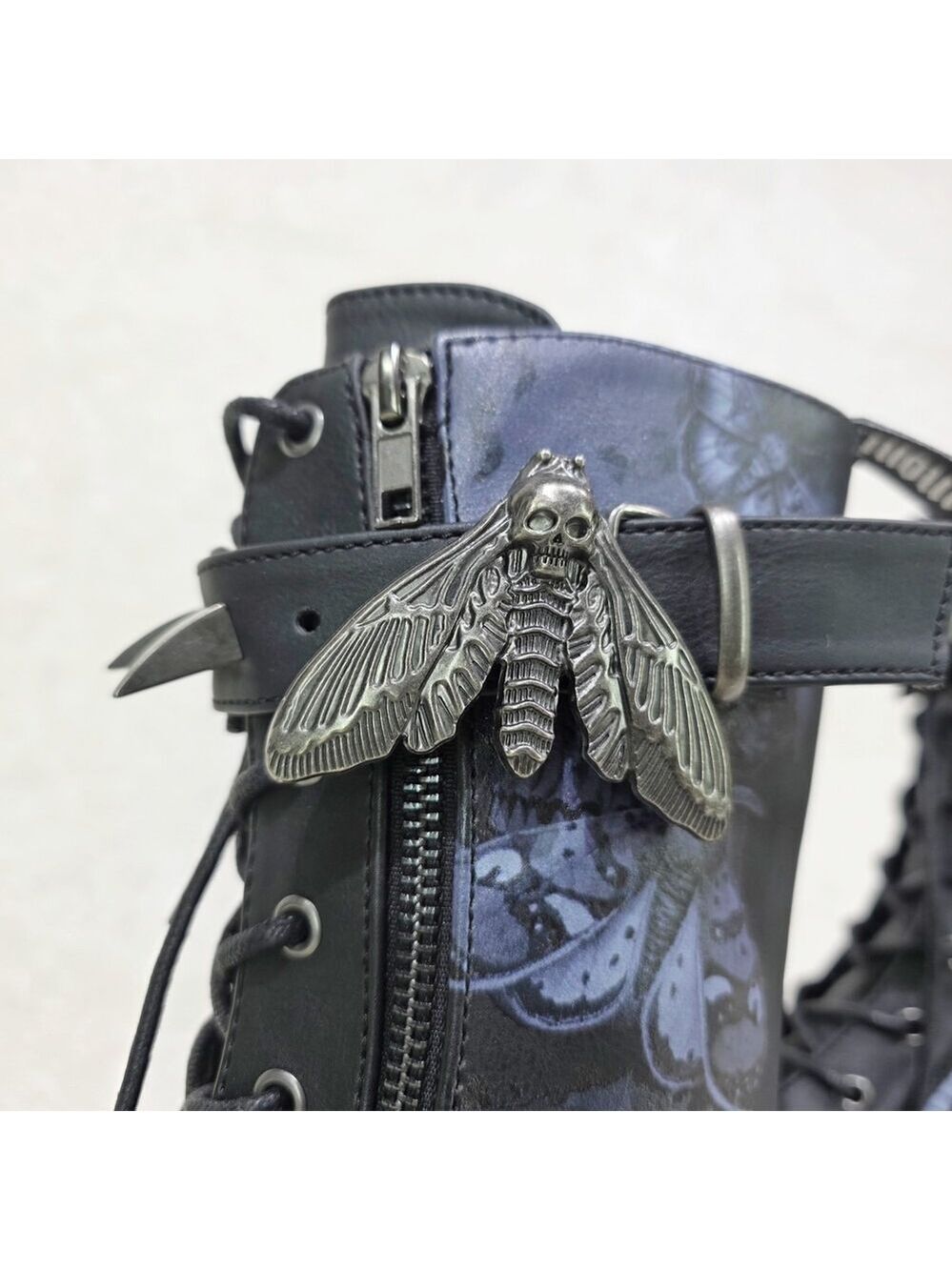 NIB NEW DEMONIA Emily Death Moth Skull Graphic Platform Goth Punk Mid Calf Boots - Picture 8 of 16